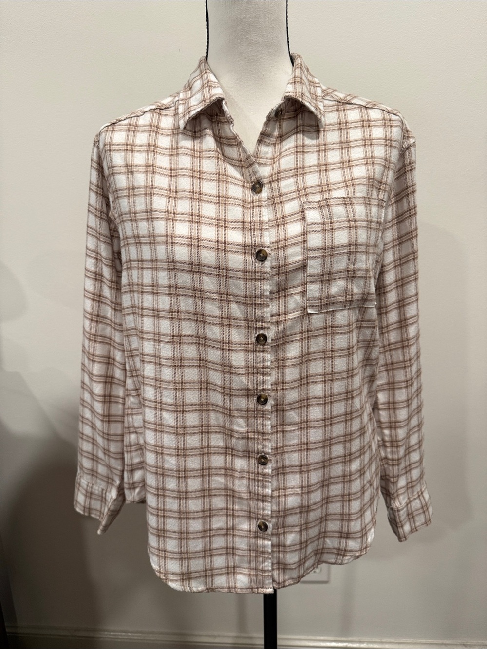 Hollister White and Brown Plaid Button-Up Lightweight Flannel Shirt Size XXS